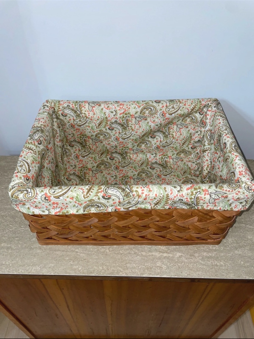 Woven Reed Storage Basket with Paisley Liner - Cream/Green/Coral